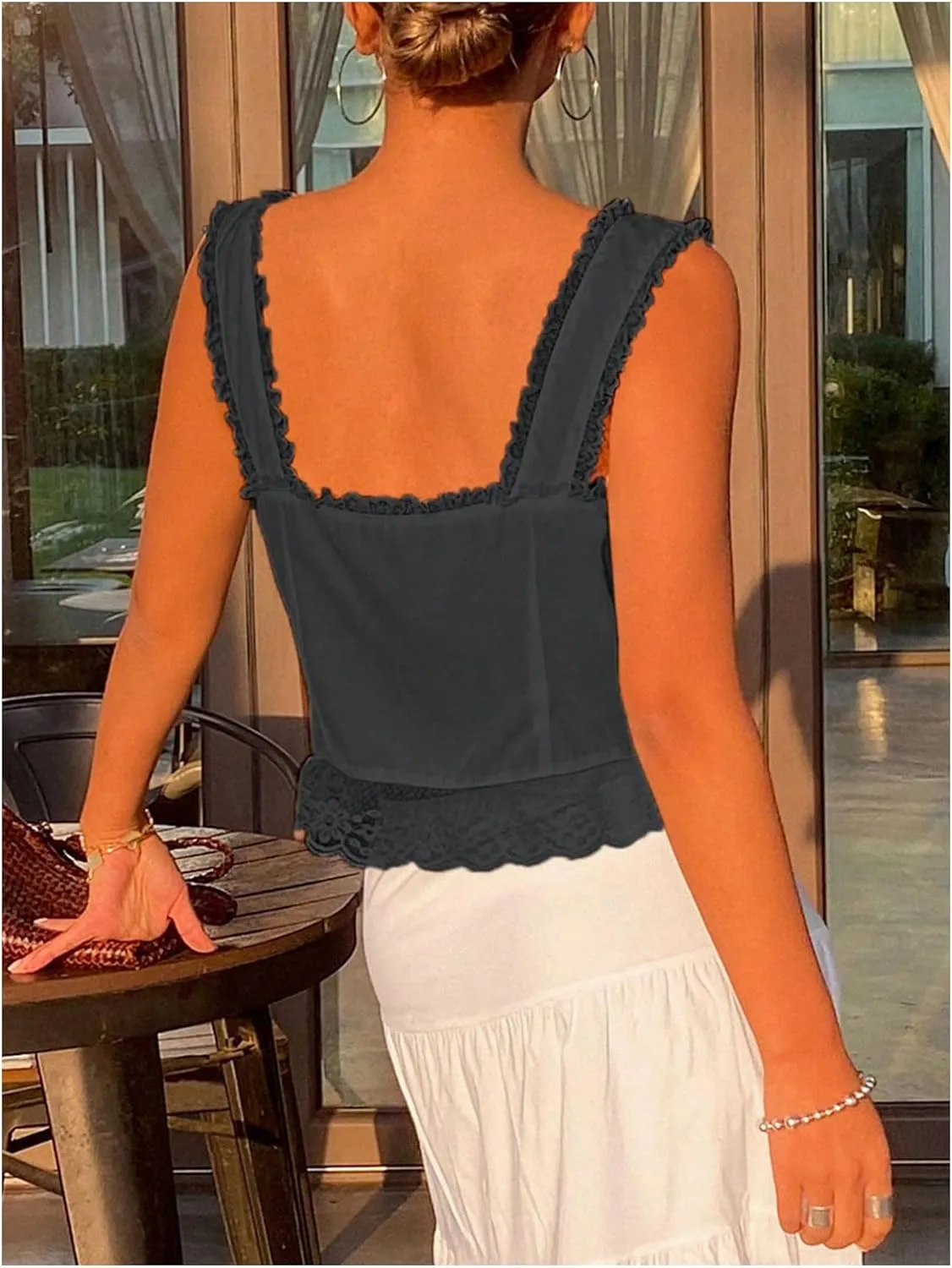 SOLY HUX Women's Y2k Lace Trim Open Tie Front Tank Top V Neck Sleeveless Tops