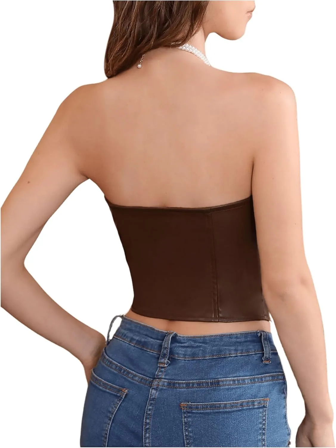 SOLY HUX Women's Y2k PU Leather Bustier Tube Crop Top Strapless Sleeveless Asymmetrical Hem Corset Tops