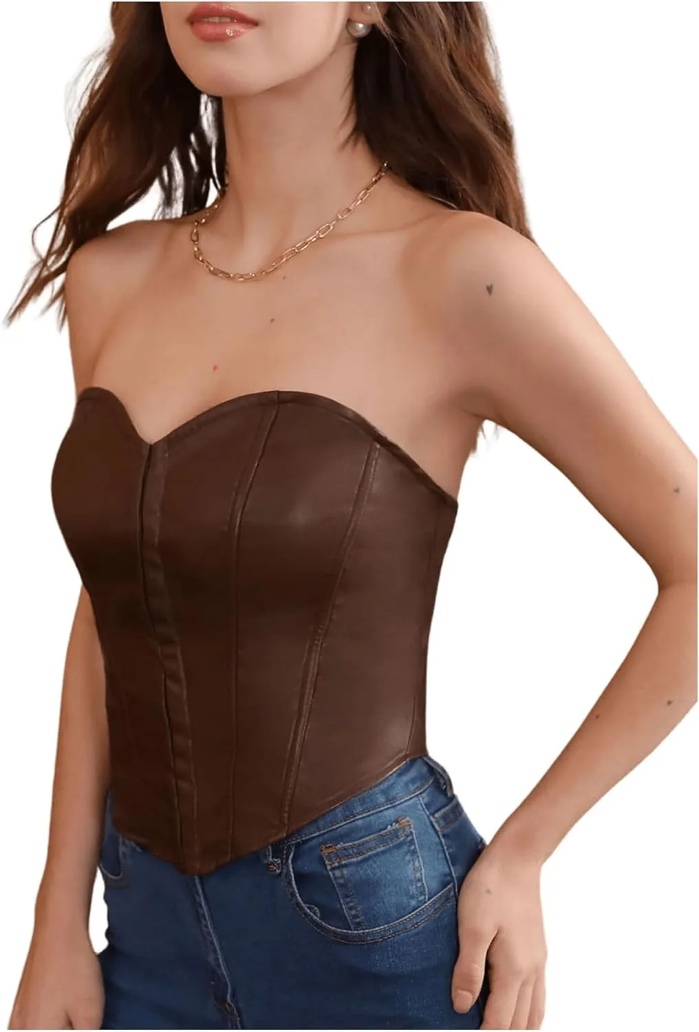 SOLY HUX Women's Y2k PU Leather Bustier Tube Crop Top Strapless Sleeveless Asymmetrical Hem Corset Tops