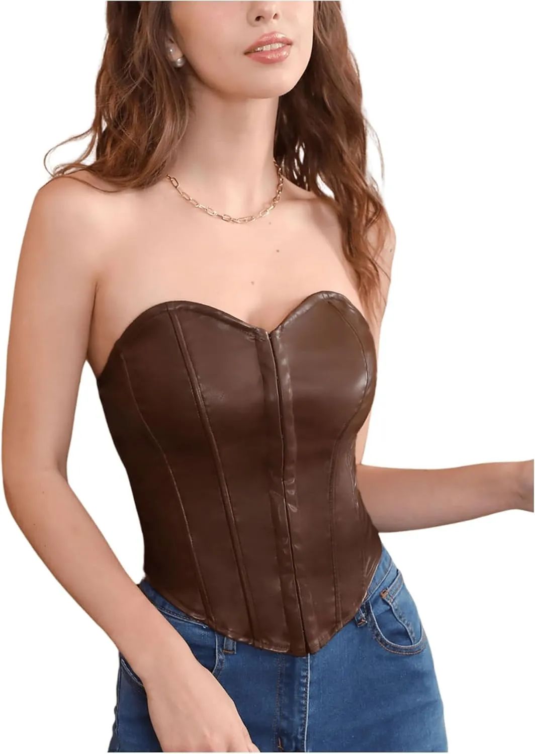 SOLY HUX Women's Y2k PU Leather Bustier Tube Crop Top Strapless Sleeveless Asymmetrical Hem Corset Tops