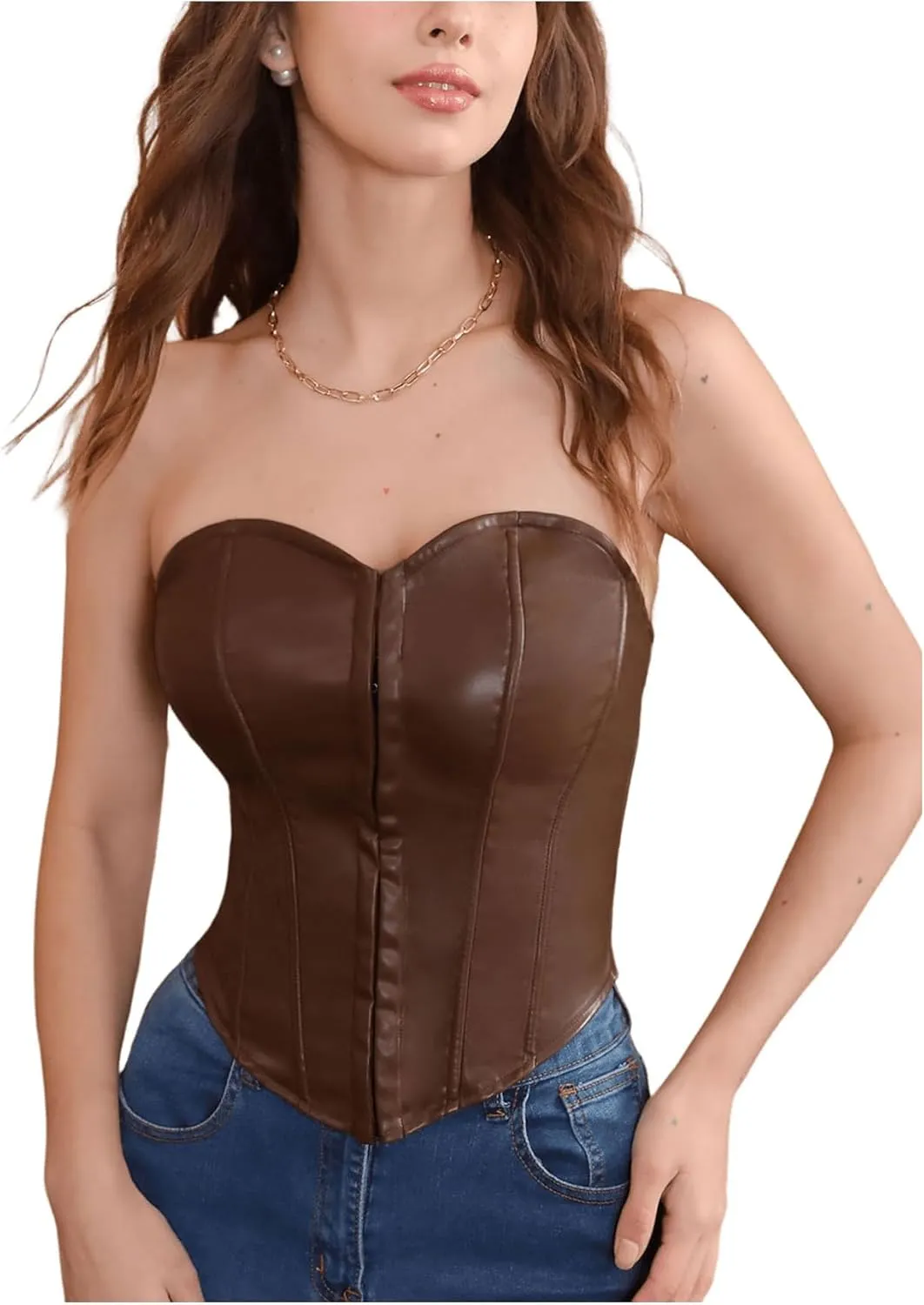 SOLY HUX Women's Y2k PU Leather Bustier Tube Crop Top Strapless Sleeveless Asymmetrical Hem Corset Tops