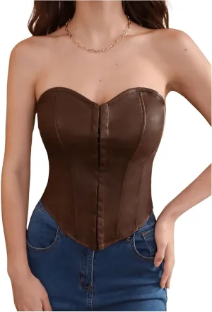 SOLY HUX Women's Y2k PU Leather Bustier Tube Crop Top Strapless Sleeveless Asymmetrical Hem Corset Tops