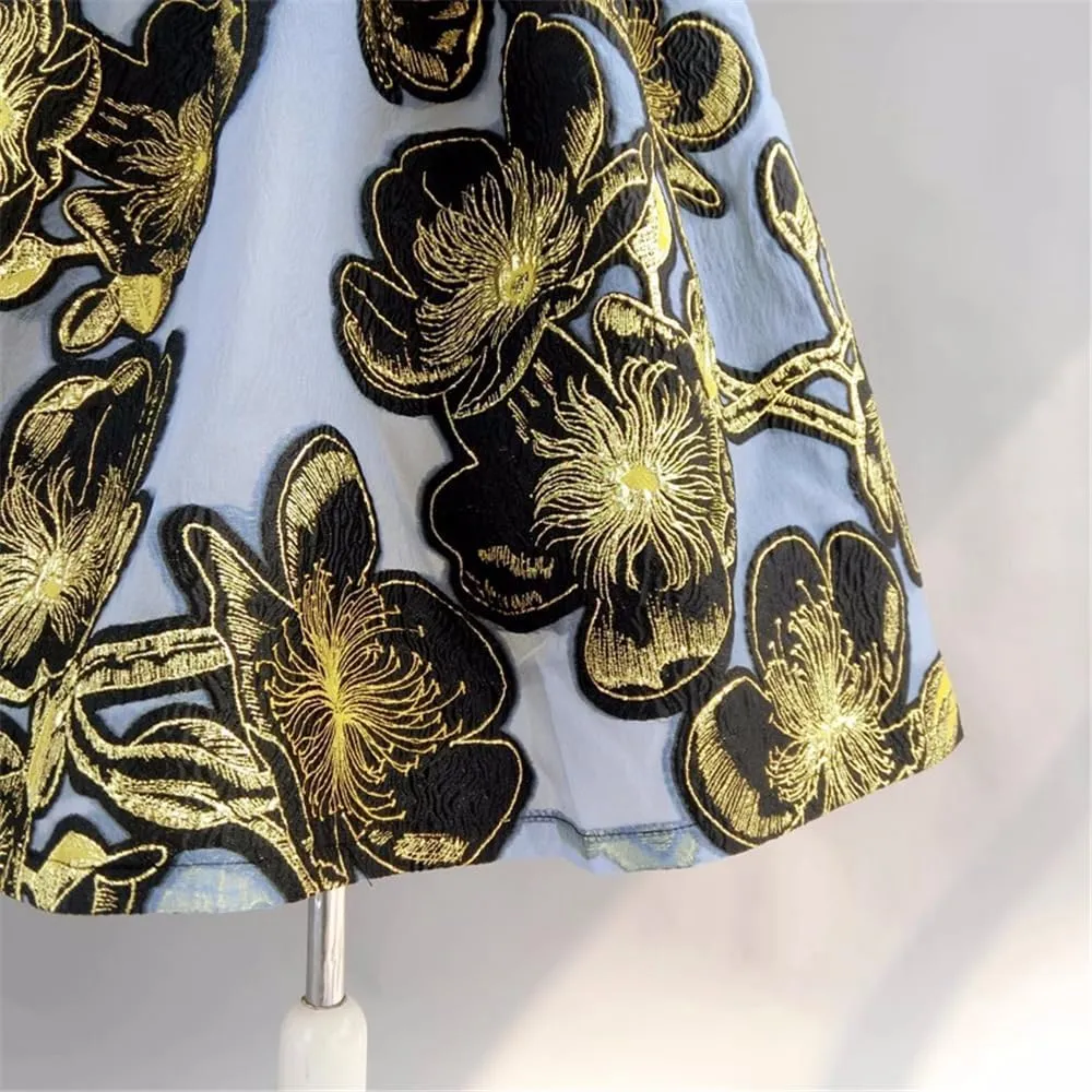 Spring Summer Vintage Golden Floral Embroidery High Waist Long Puffy Pleated Midi Skirt