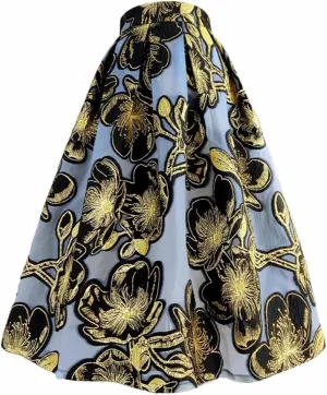 Spring Summer Vintage Golden Floral Embroidery High Waist Long Puffy Pleated Midi Skirt