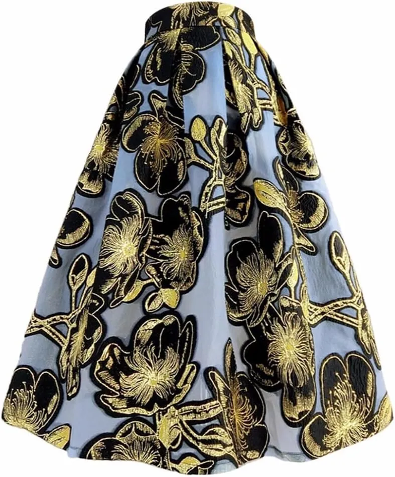 Spring Summer Vintage Golden Floral Embroidery High Waist Long Puffy Pleated Midi Skirt