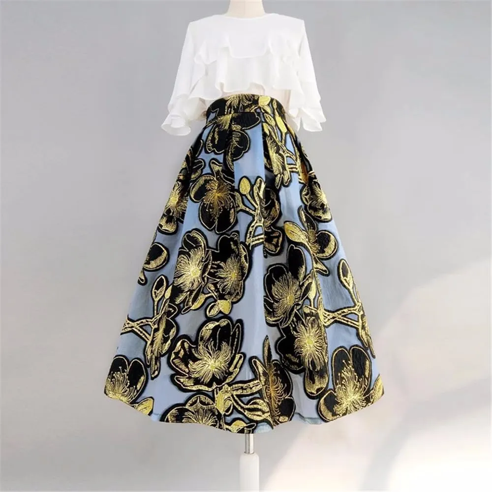 Spring Summer Vintage Golden Floral Embroidery High Waist Long Puffy Pleated Midi Skirt