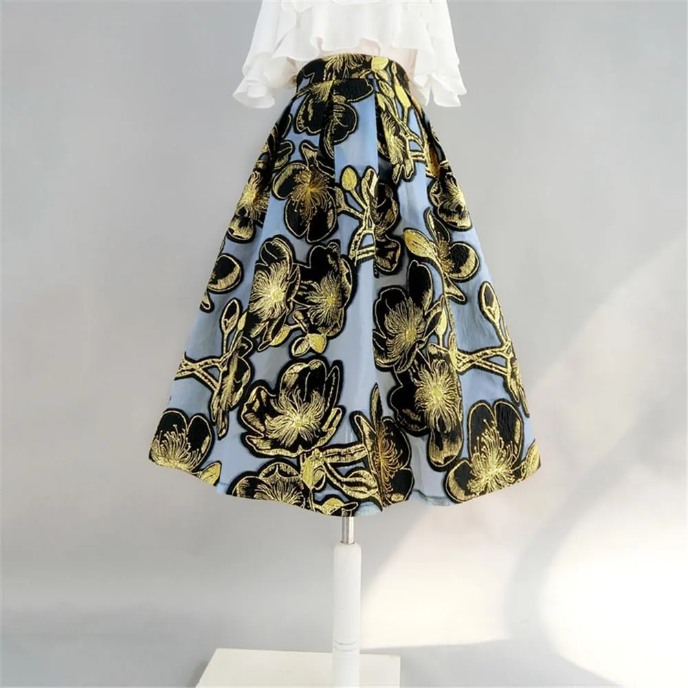 Spring Summer Vintage Golden Floral Embroidery High Waist Long Puffy Pleated Midi Skirt