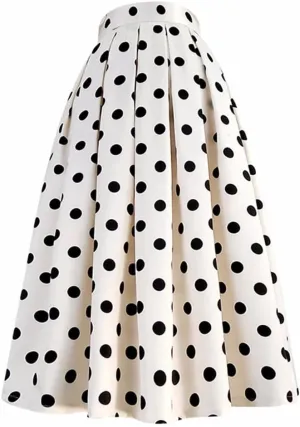 Spring Summer Women Vintage High Waist Black Polka Dot Print Long Pleated White Midi Skirt