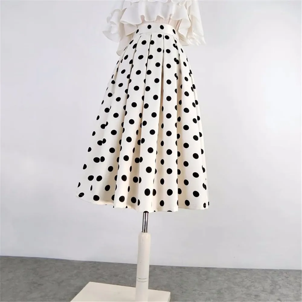 Spring Summer Women Vintage High Waist Black Polka Dot Print Long Pleated White Midi Skirt