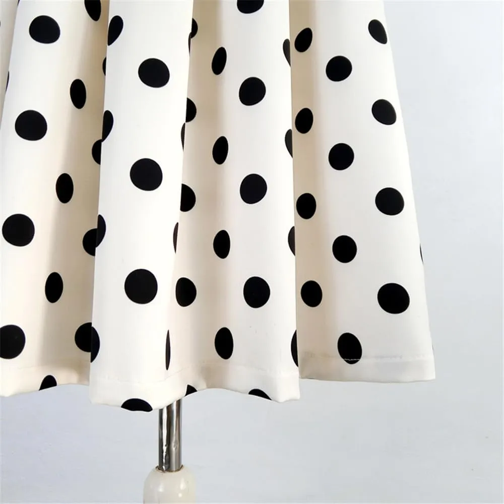 Spring Summer Women Vintage High Waist Black Polka Dot Print Long Pleated White Midi Skirt