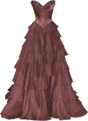 Strapless Prom Dresses 2025 Tiered Ruffle Chiffon Ball Gown Corset Satin Quinceanera Dresses