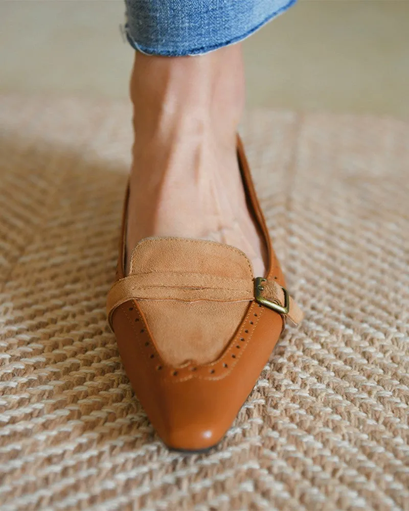 Suede Patch Buckled Square Toe Slip On Shoes