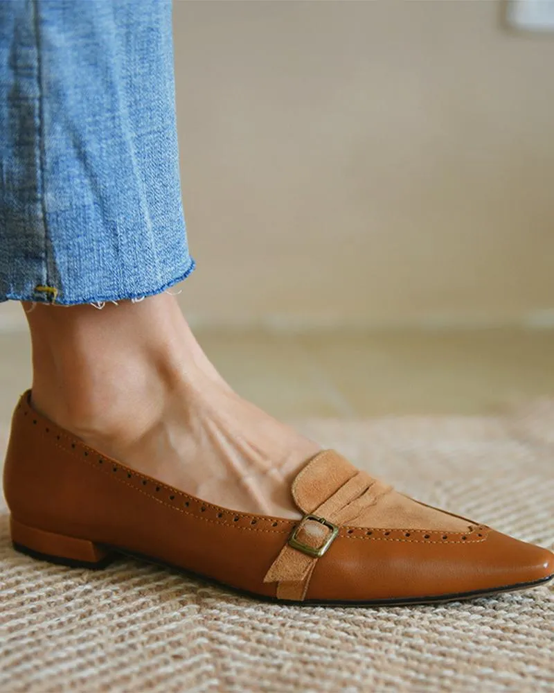 Suede Patch Buckled Square Toe Slip On Shoes