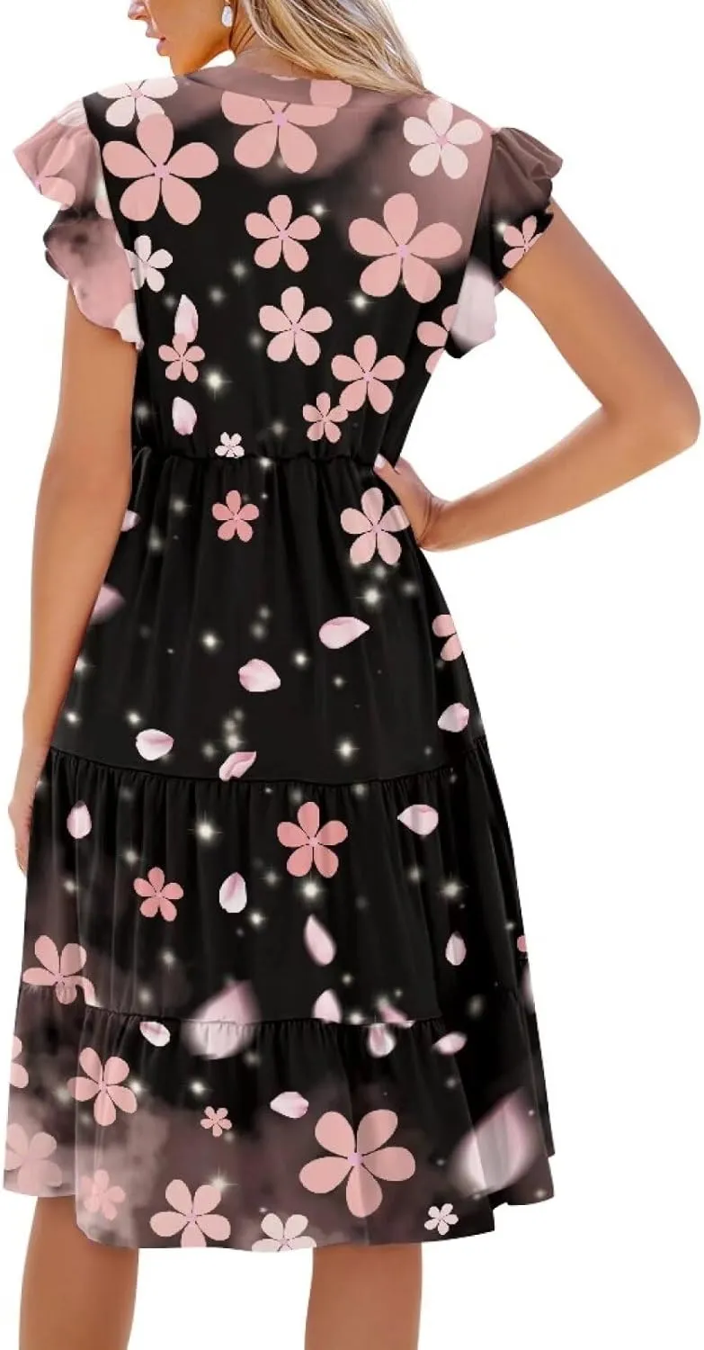 Summer Dresses for Women Casual Midi Tiered Sun Dress V Neck Ruffle Sleeve Vacation Dress with Pocket S-2XL