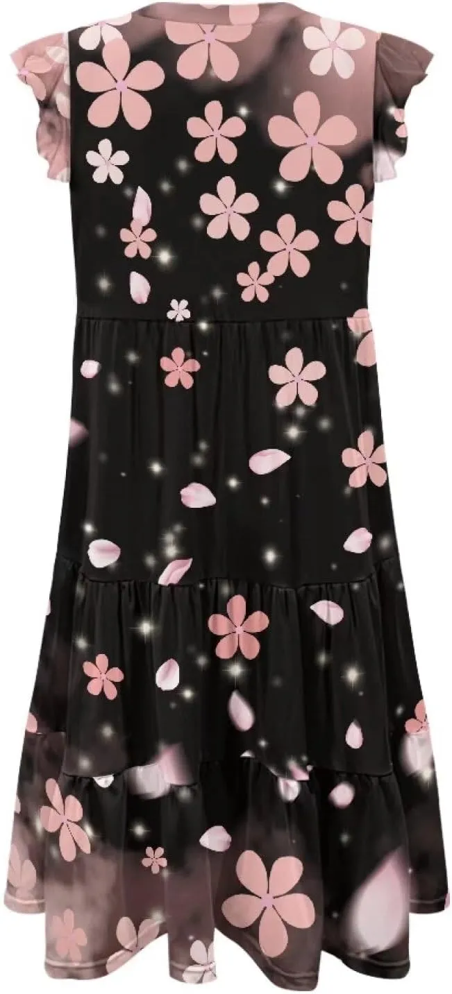 Summer Dresses for Women Casual Midi Tiered Sun Dress V Neck Ruffle Sleeve Vacation Dress with Pocket S-2XL