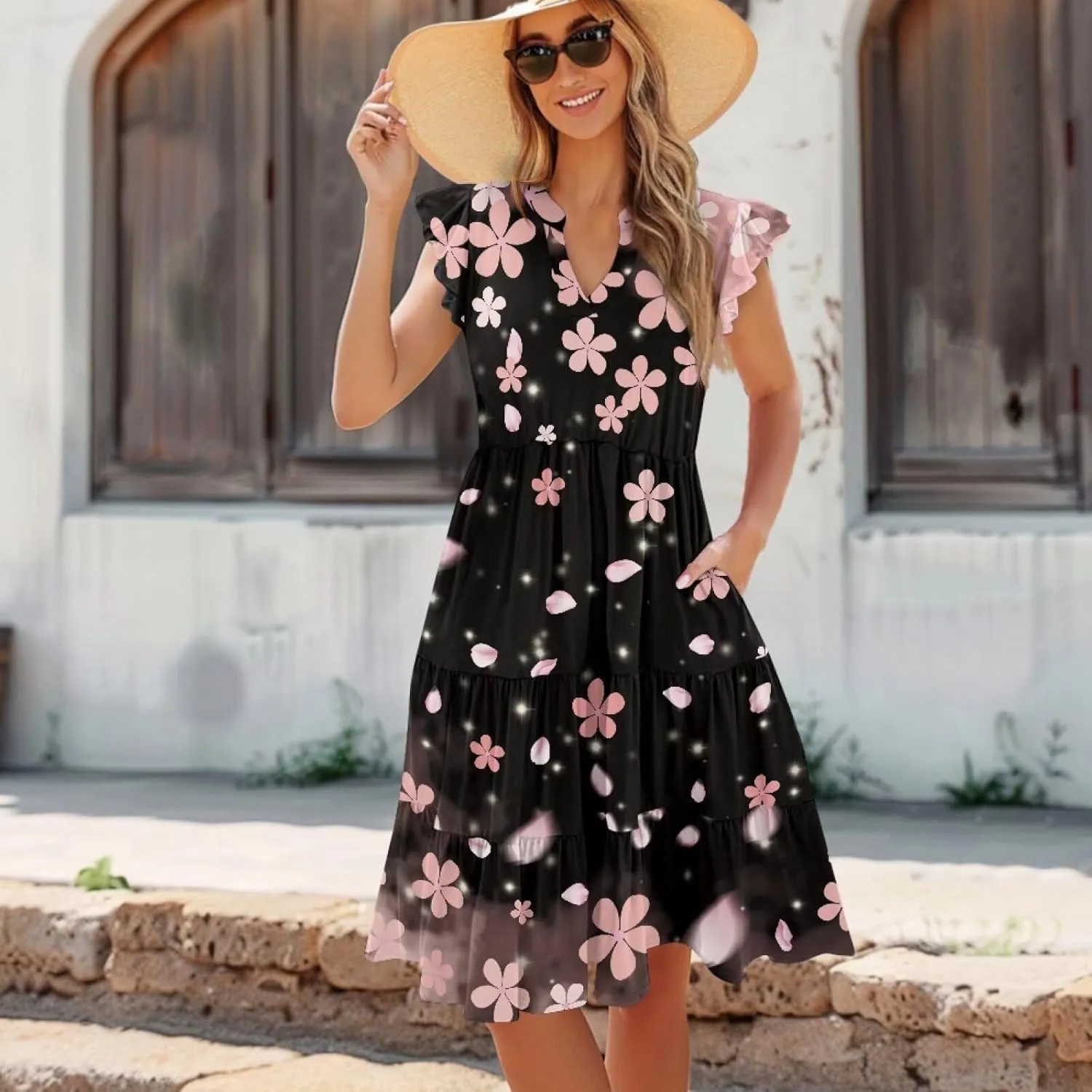 Summer Dresses for Women Casual Midi Tiered Sun Dress V Neck Ruffle Sleeve Vacation Dress with Pocket S-2XL