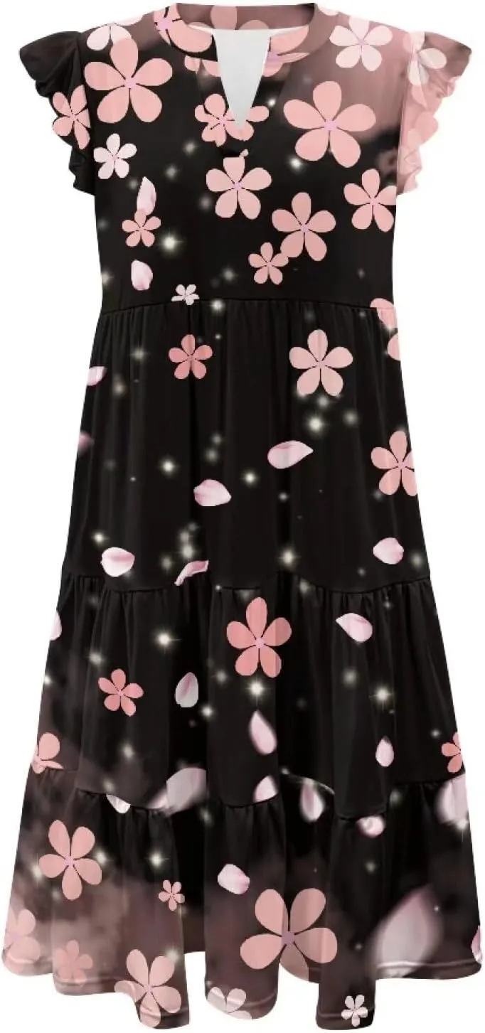 Summer Dresses for Women Casual Midi Tiered Sun Dress V Neck Ruffle Sleeve Vacation Dress with Pocket S-2XL