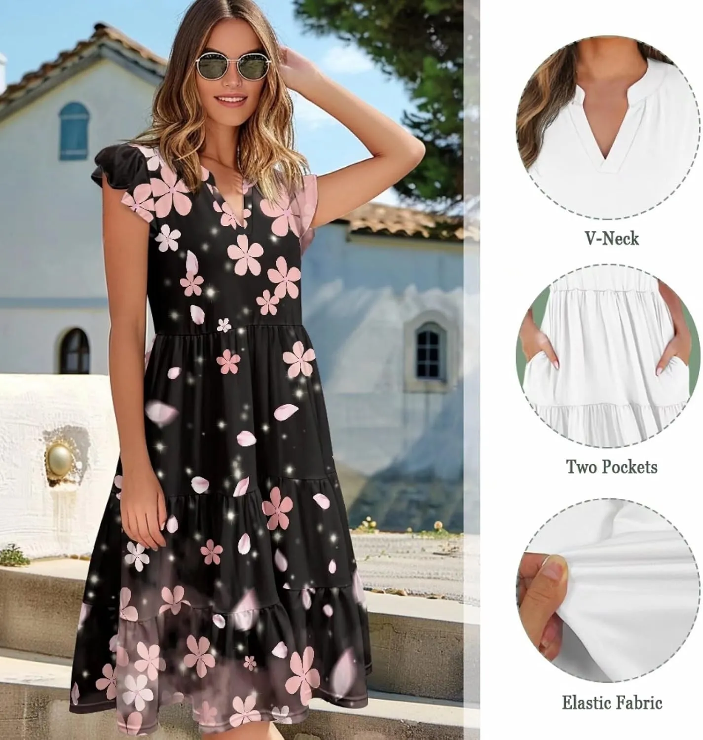 Summer Dresses for Women Casual Midi Tiered Sun Dress V Neck Ruffle Sleeve Vacation Dress with Pocket S-2XL