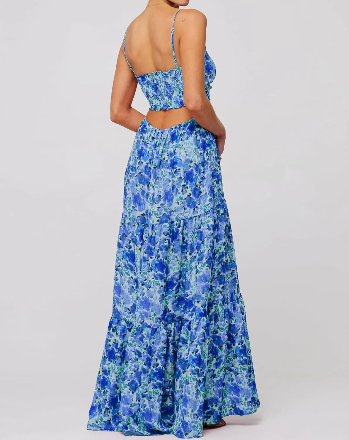 Summer Floral Sundress for Women Spaghetti Straps Hollow Out Tie Front Maxi Dress Flowy Smocked Bohemia Dress