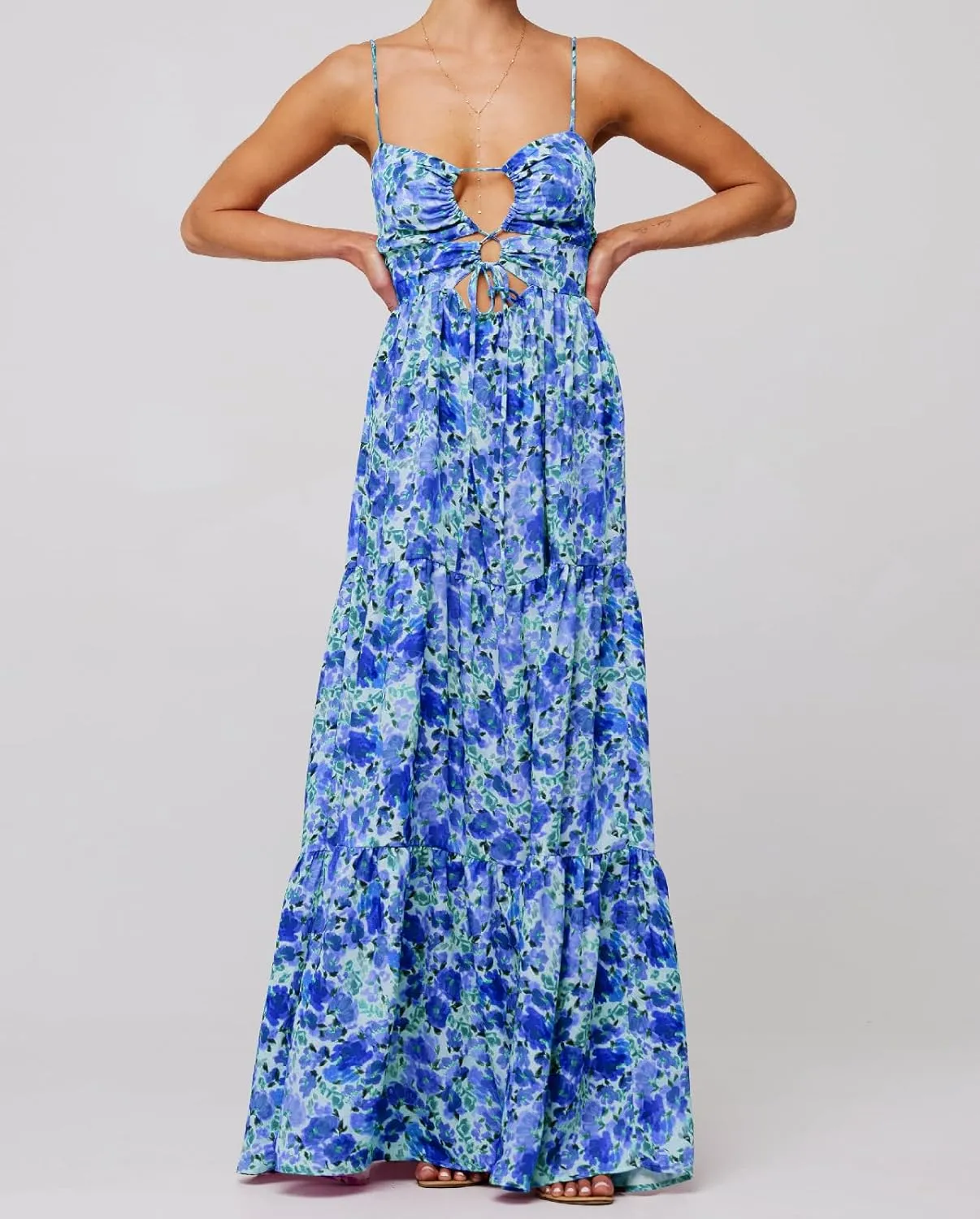Summer Floral Sundress for Women Spaghetti Straps Hollow Out Tie Front Maxi Dress Flowy Smocked Bohemia Dress