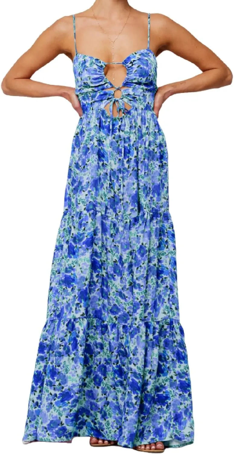 Summer Floral Sundress for Women Spaghetti Straps Hollow Out Tie Front Maxi Dress Flowy Smocked Bohemia Dress