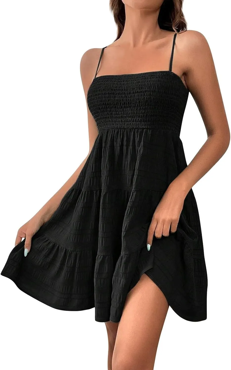 Summer Spaghetti Strap Dresses for Women Sleeveless Square Neck Mini Dress Swing A Line Short Dress Beach Sundresses