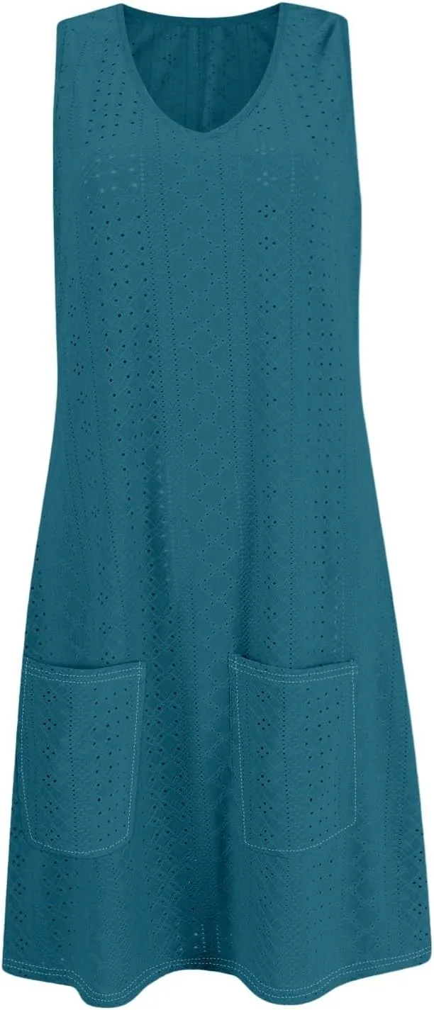 Sundresses for Women 2025 Summer Trendy Sleeveless Eyelet Beach Dress Bathing Suit Cover Up Tank Dress with Pockets