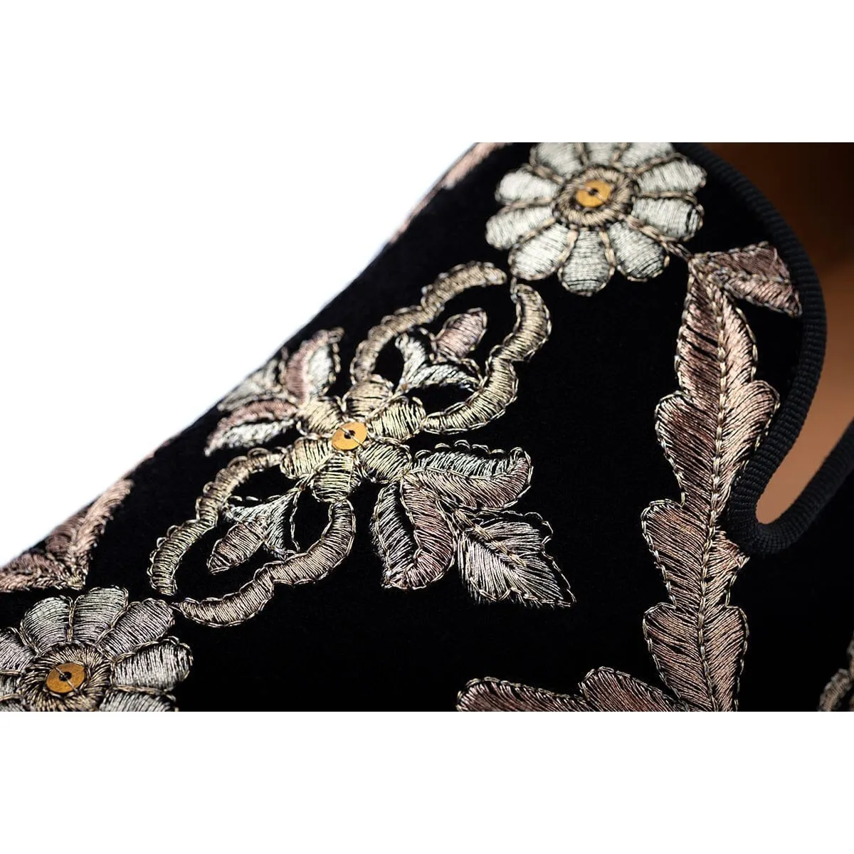 SUPERGLAMOUROUS Kabah 3289 Men's Shoes Black Combination Embroidered Velvet Slip-On Loafers (SPGM1285)