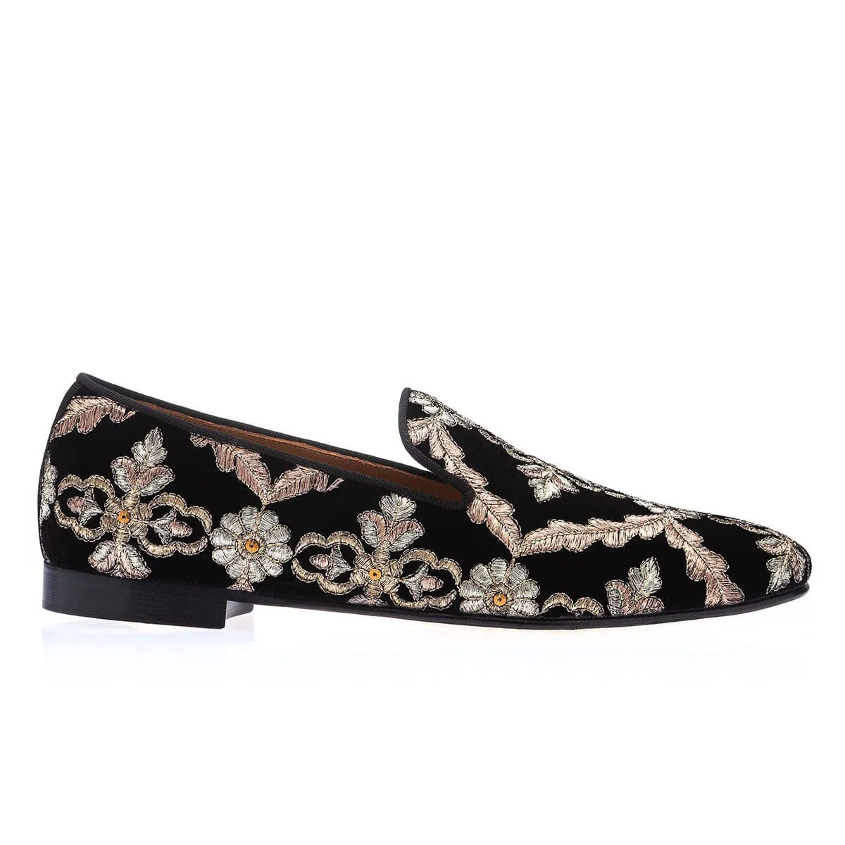 SUPERGLAMOUROUS Kabah 3289 Men's Shoes Black Combination Embroidered Velvet Slip-On Loafers (SPGM1285)