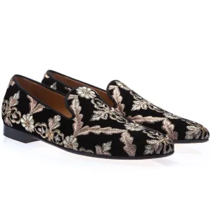 SUPERGLAMOUROUS Kabah 3289 Men's Shoes Black Combination Embroidered Velvet Slip-On Loafers (SPGM1285)
