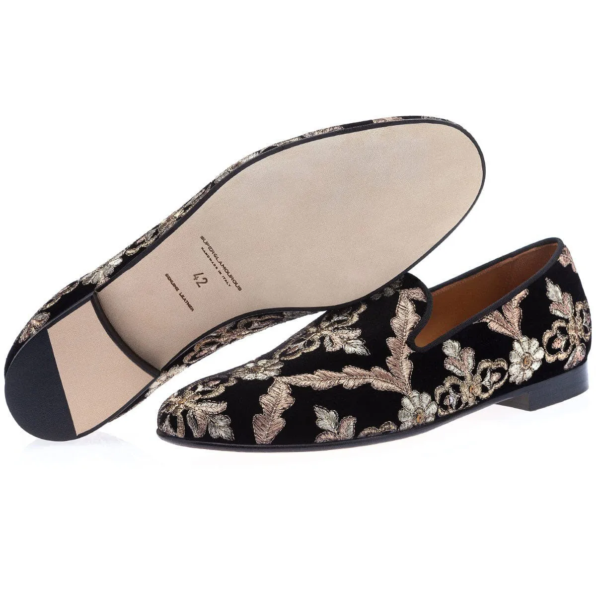SUPERGLAMOUROUS Kabah 3289 Men's Shoes Black Combination Embroidered Velvet Slip-On Loafers (SPGM1285)