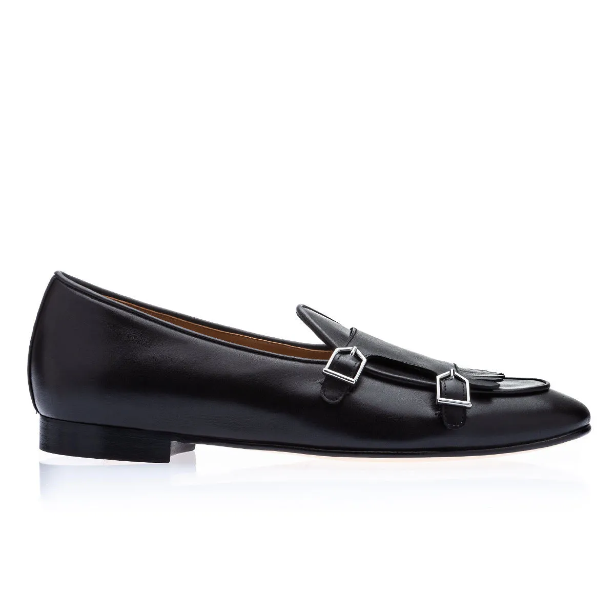 SUPERGLAMOUROUS TANGERINE 7.1 Men's Shoes Black Nappa Leather Monk Belgian Loafers (SPGM1163)