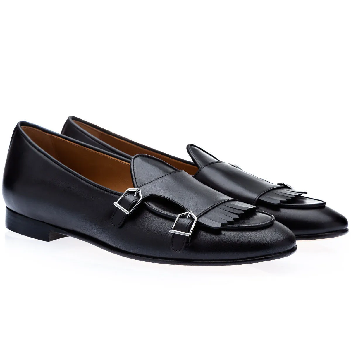 SUPERGLAMOUROUS TANGERINE 7.1 Men's Shoes Black Nappa Leather Monk Belgian Loafers (SPGM1163)