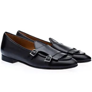 SUPERGLAMOUROUS TANGERINE 7.1 Men's Shoes Black Nappa Leather Monk Belgian Loafers (SPGM1163)