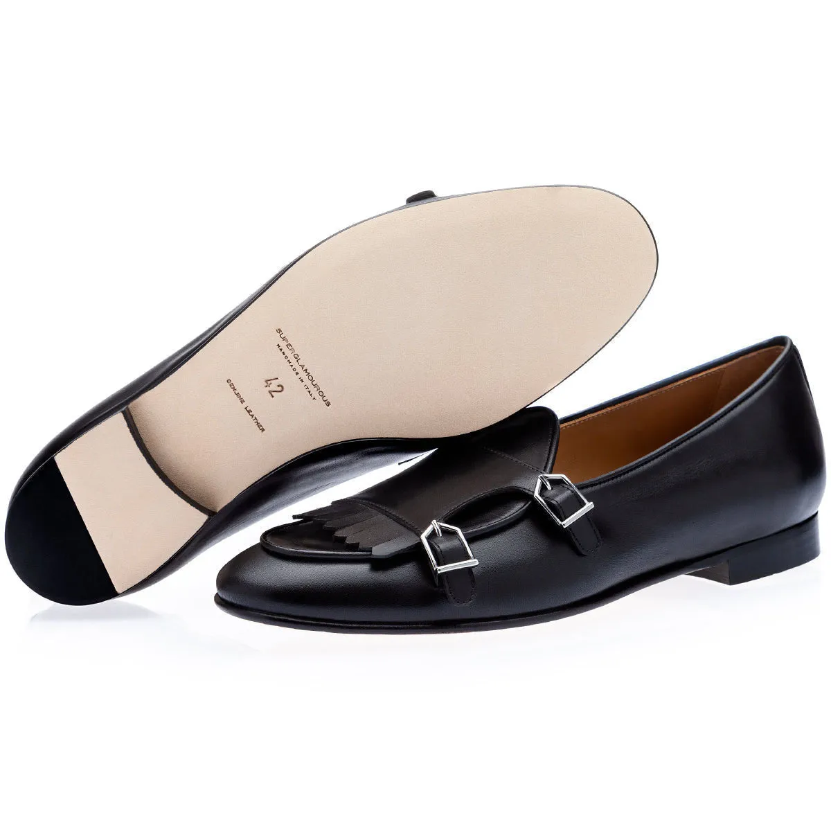 SUPERGLAMOUROUS TANGERINE 7.1 Men's Shoes Black Nappa Leather Monk Belgian Loafers (SPGM1163)