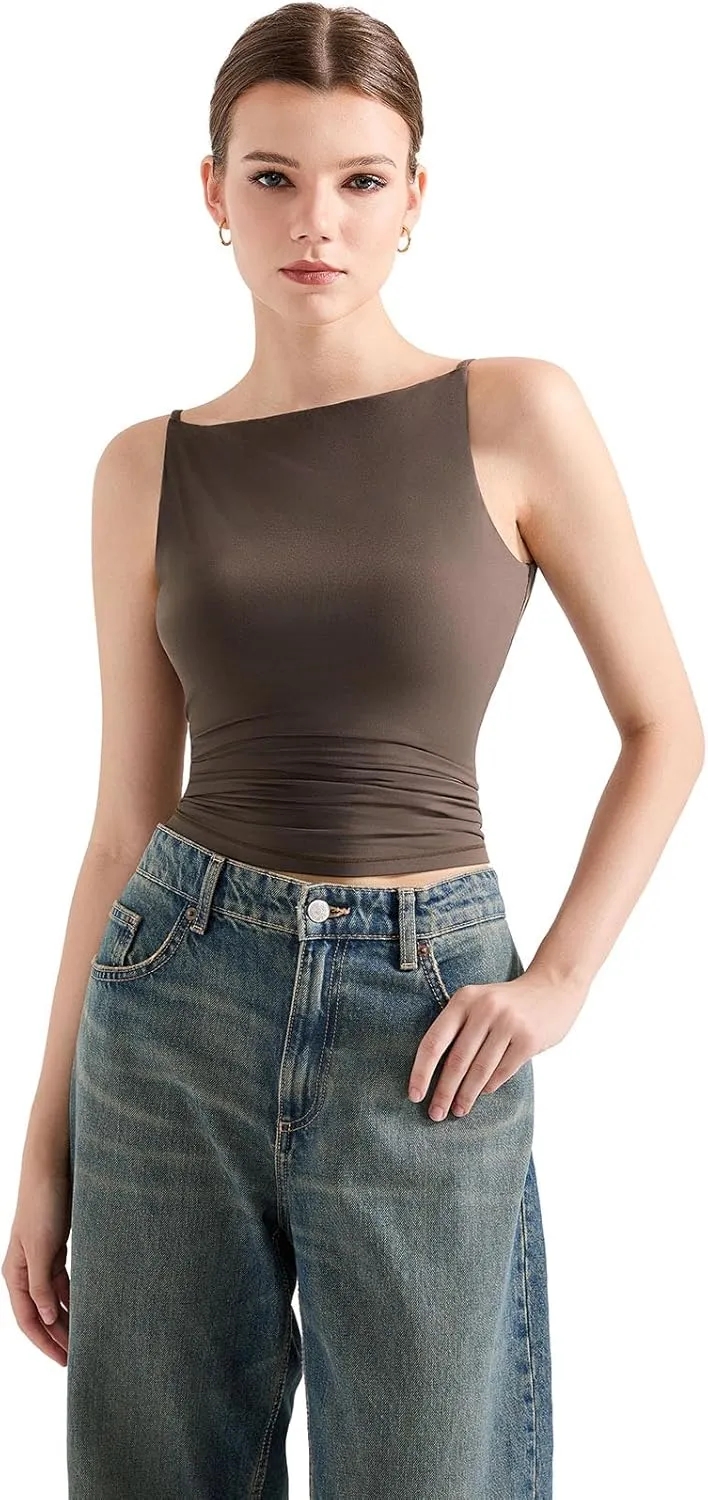 SUUKSESS Women Double Lined Boat Neck Tank Tops 2025 Y2K Going Out Basic Cami Shirts
