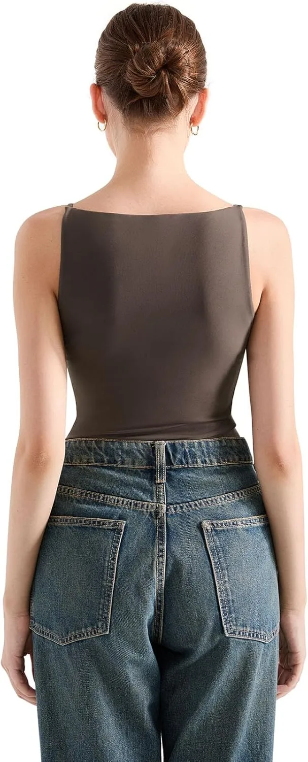 SUUKSESS Women Double Lined Boat Neck Tank Tops 2025 Y2K Going Out Basic Cami Shirts