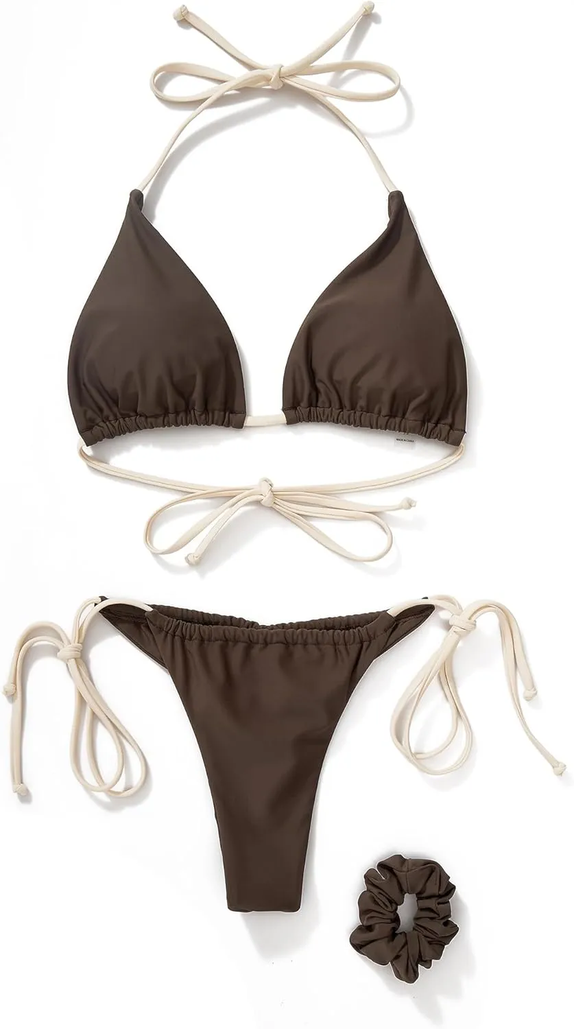 SUUKSESS Women String Bikini Set Tie Side Thong Sexy Halter Swimsuits 2 Pieces