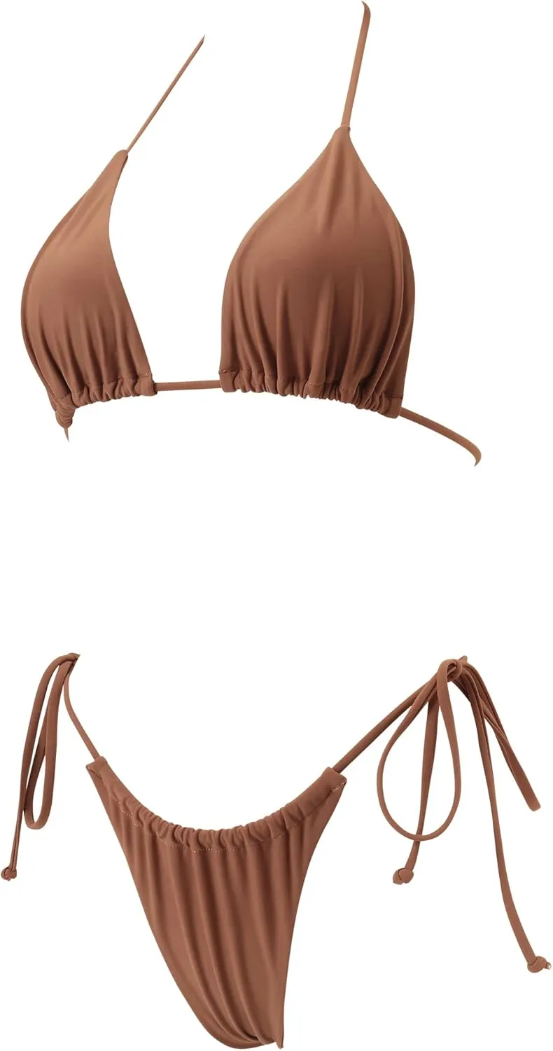 SUUKSESS Women String Bikini Set Tie Side Thong Sexy Halter Swimsuits 2 Pieces