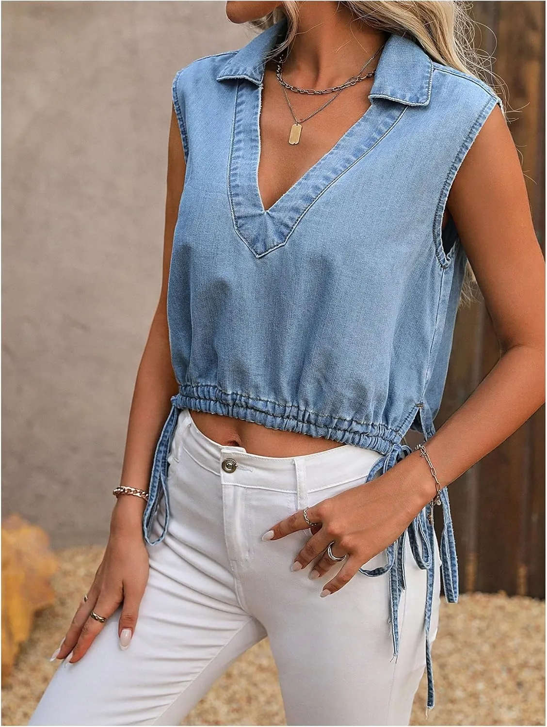 SweatyRocks Women's Drawstring Collared V Neck Sleeveless Cropped Denim Tank Tops