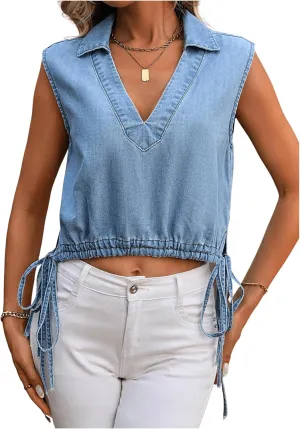 SweatyRocks Women's Drawstring Collared V Neck Sleeveless Cropped Denim Tank Tops