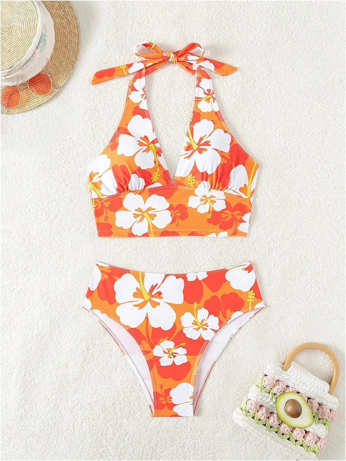 SweatyRocks Women's Floral Print 2 Piece Swimsuit Tie Side Halter High Waisted Bikini Bathing Suit