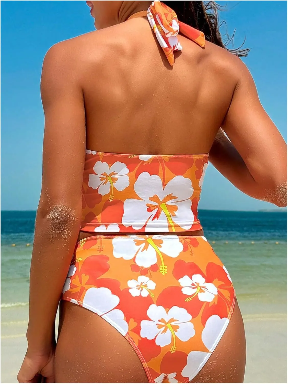 SweatyRocks Women's Floral Print 2 Piece Swimsuit Tie Side Halter High Waisted Bikini Bathing Suit