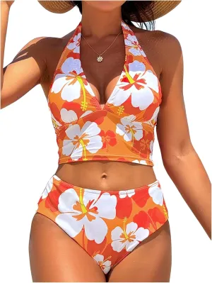 SweatyRocks Women's Floral Print 2 Piece Swimsuit Tie Side Halter High Waisted Bikini Bathing Suit