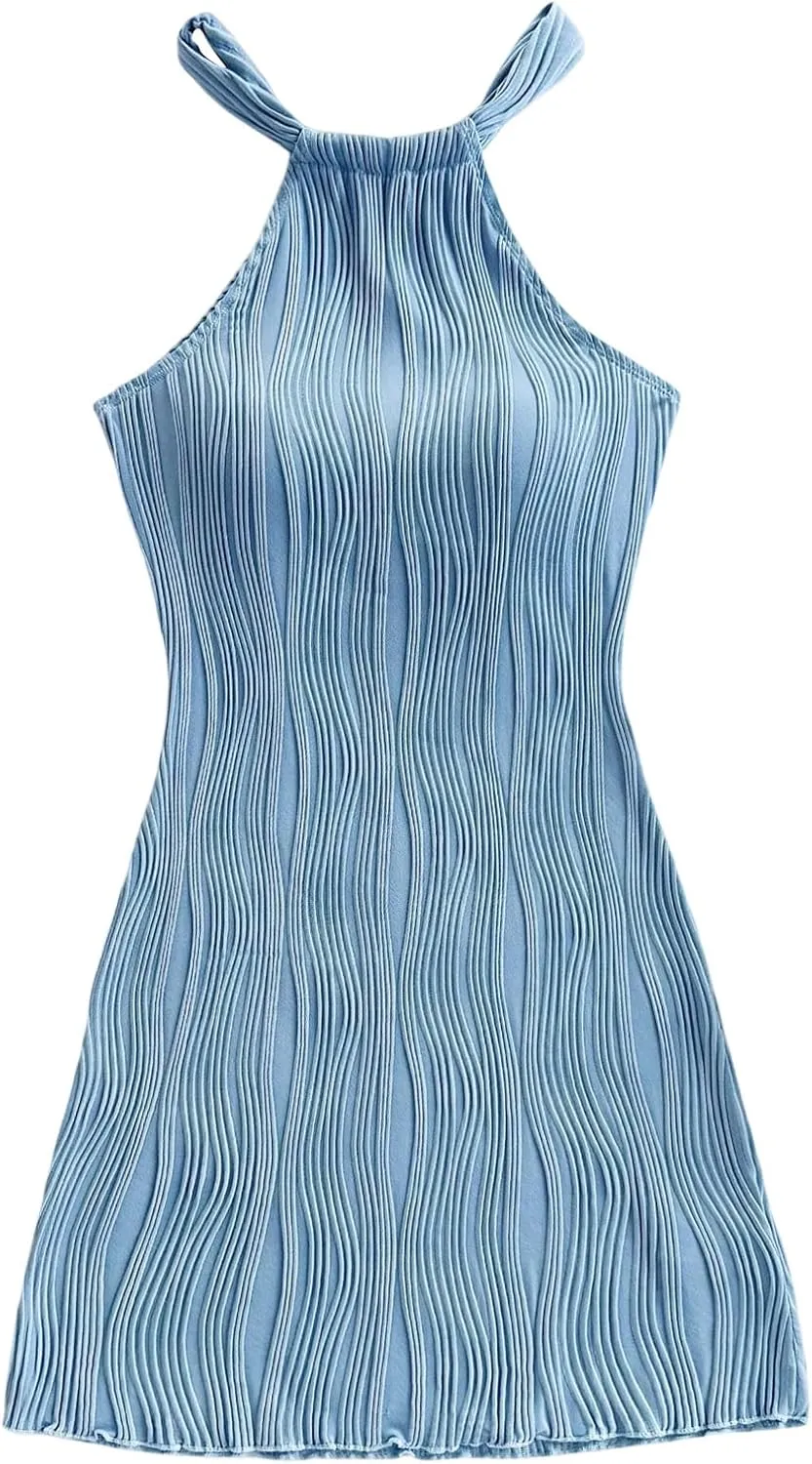 SweatyRocks Women's Halter Dresses Mini Sleeveless Sundress Casual Slim Fit Short Dresses