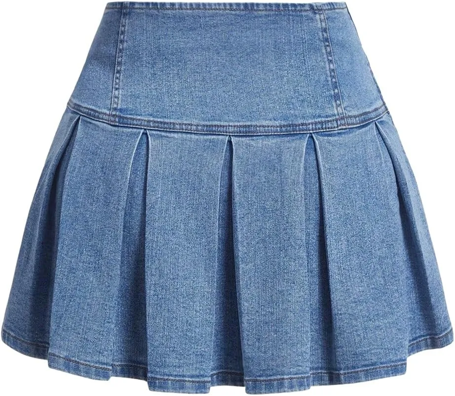 SweatyRocks Women's Plus Size Lace Up Front High Waist A Line Pleated Mini Denim Skirt