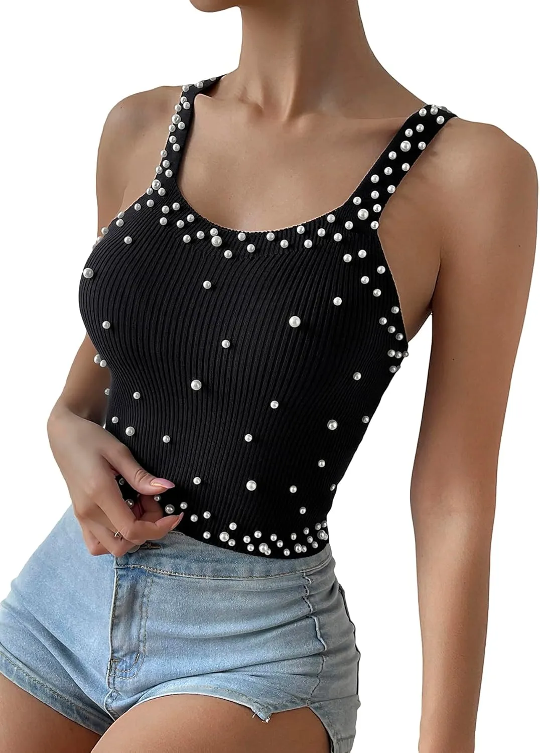 SweatyRocks Women's Sleeveless Pearl Beaded Ribbed Knit Fitted Cropped Vest Tank Tops
