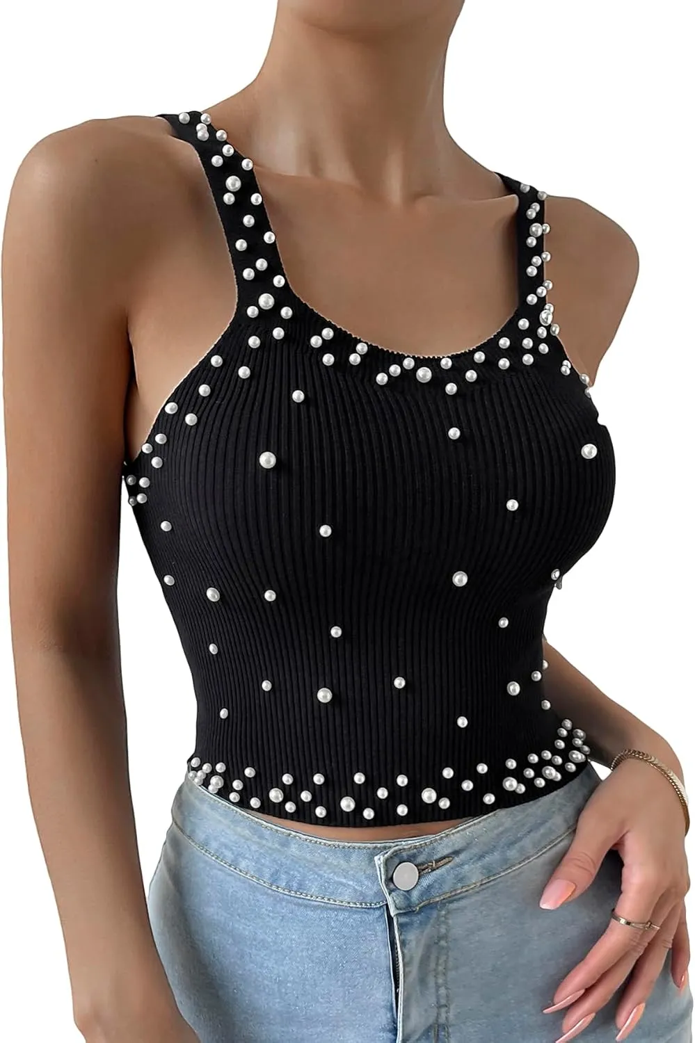 SweatyRocks Women's Sleeveless Pearl Beaded Ribbed Knit Fitted Cropped Vest Tank Tops