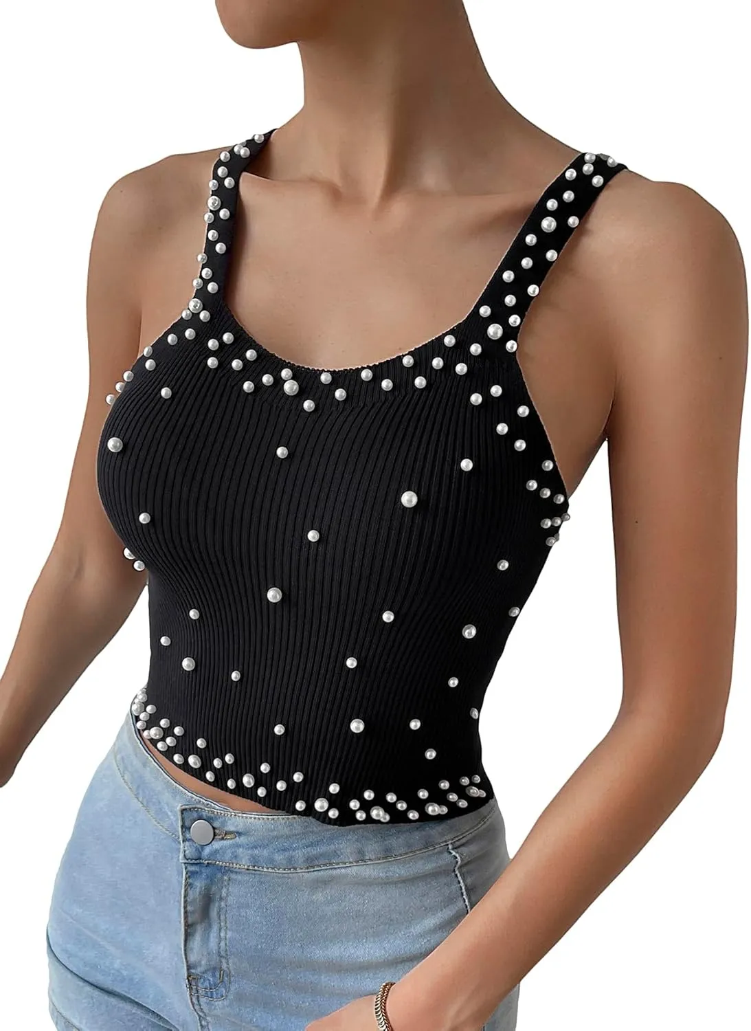 SweatyRocks Women's Sleeveless Pearl Beaded Ribbed Knit Fitted Cropped Vest Tank Tops