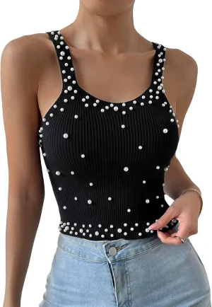 SweatyRocks Women's Sleeveless Pearl Beaded Ribbed Knit Fitted Cropped Vest Tank Tops
